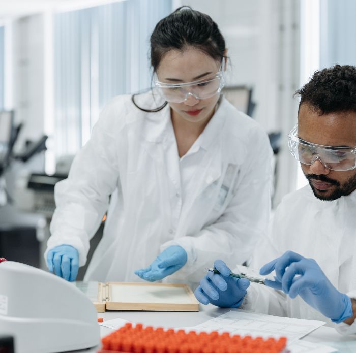 Deux scientifiques travaillant ensemble dans un laboratoire, illustrant les formations proposées par ErenaCare dans le domaine des Life sciences.